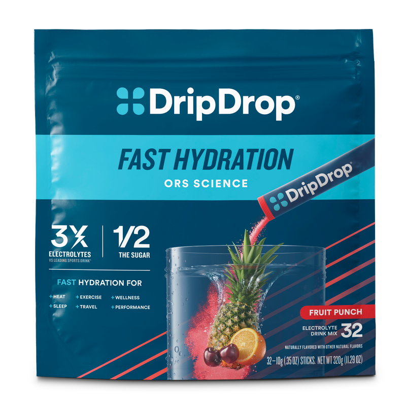 DripDrop Fast Hydration ORS Science drink mix in a pouch for Fruit Punch flavor, featuring a blue and teal package design with a glass of water, pineapple, orange, and berries illustration on the front.