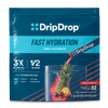 DripDrop Fast Hydration ORS Science drink mix in a pouch for Fruit Punch flavor, featuring a blue and teal package design with a glass of water, pineapple, orange, and berries illustration on the front.