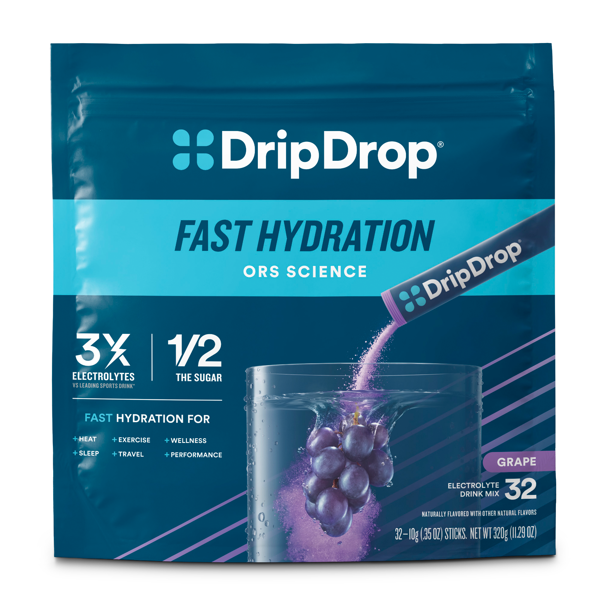DripDrop Grape Electrolyte Powder, 8 oz sticks, 32 count