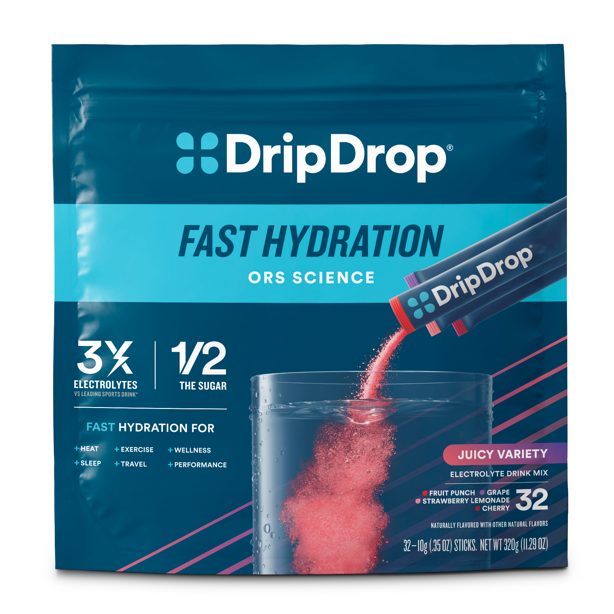 DripDrop Juicy Variety Pack Electrolyte Powder, 8 oz sticks, 32 count