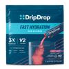 DripDrop Fast Hydration electrolyte drink mix pouch in Juicy Variety flavor, showing a clear glass with pink liquid and powder packets being poured, on a white background.