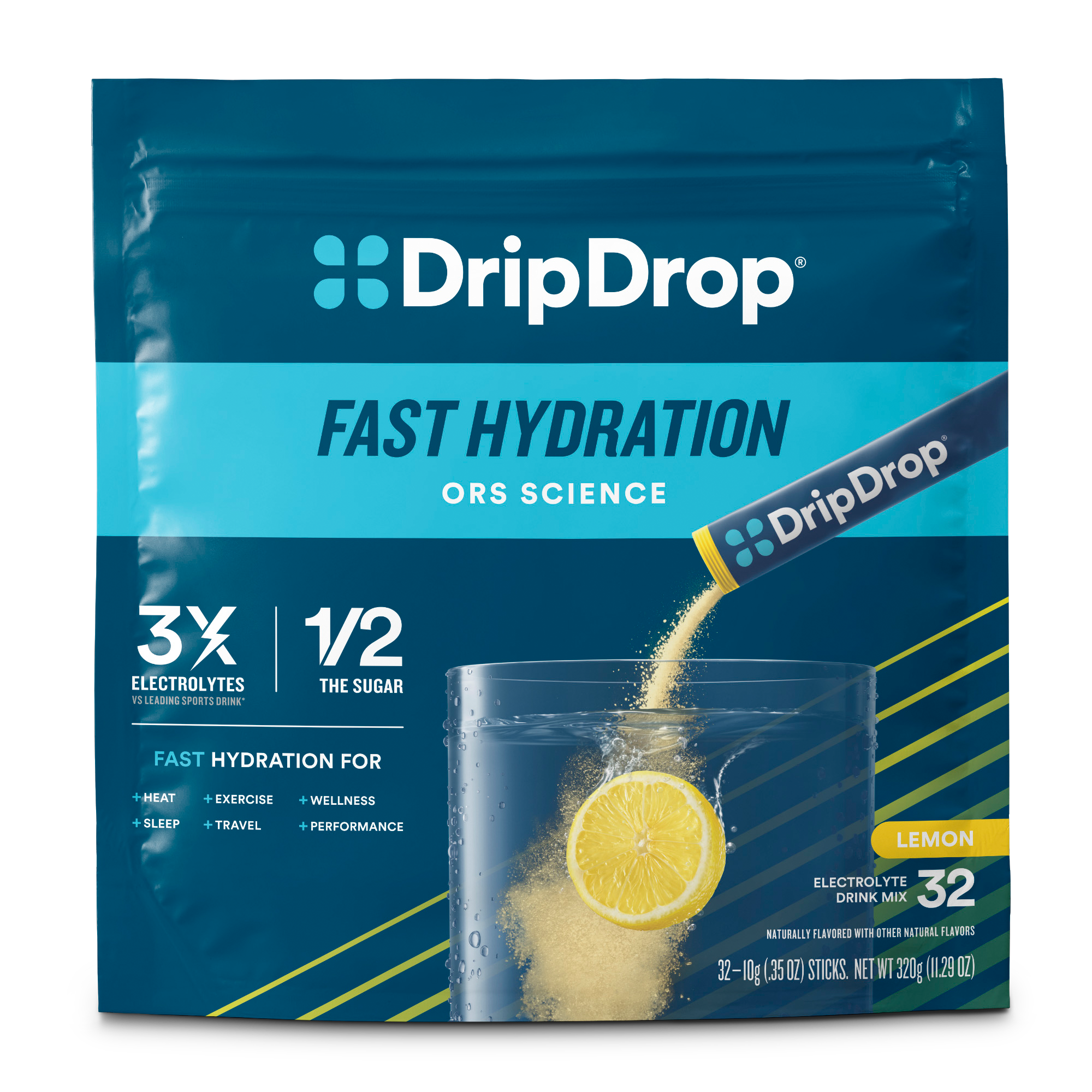 DripDrop Lemon Electrolyte Powder, 8 oz sticks, 32 count