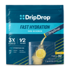 DripDrop Fast Hydration drink mix in a blue resealable pouch with lemon graphics and a glass of water with powder being poured, labeled Lemon flavor, 32 sticks.