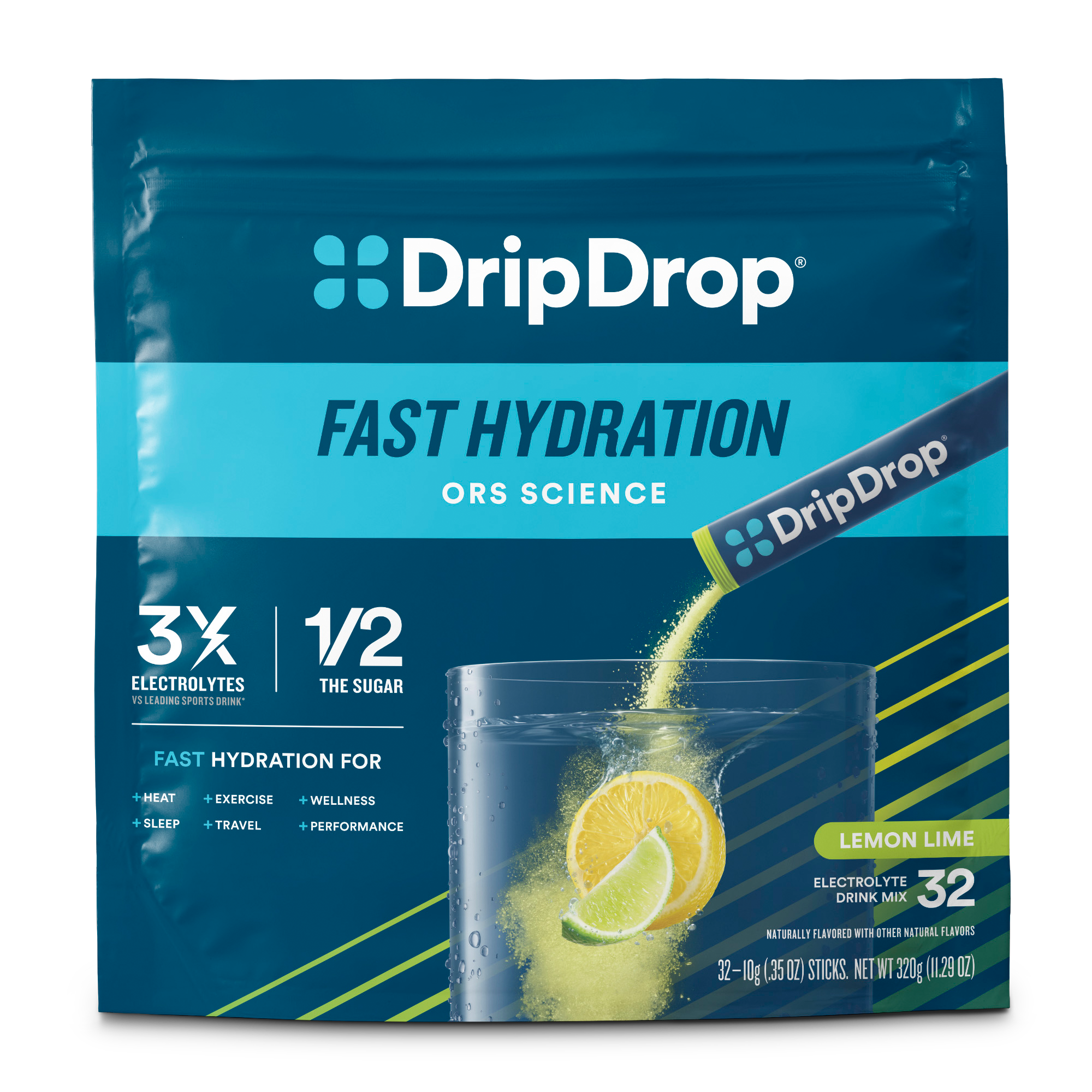 DripDrop Lemon Lime Electrolyte Powder, 8 oz sticks, 32 count