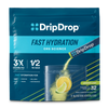 DripDrop Fast Hydration electrolyte drink mix in a pouch for Lemon Lime flavor. The packaging is dark blue with bright blue and yellow accents, featuring a graphic of a glass of water with lemon slices and lime, and a DripDrop stick being poured into it.