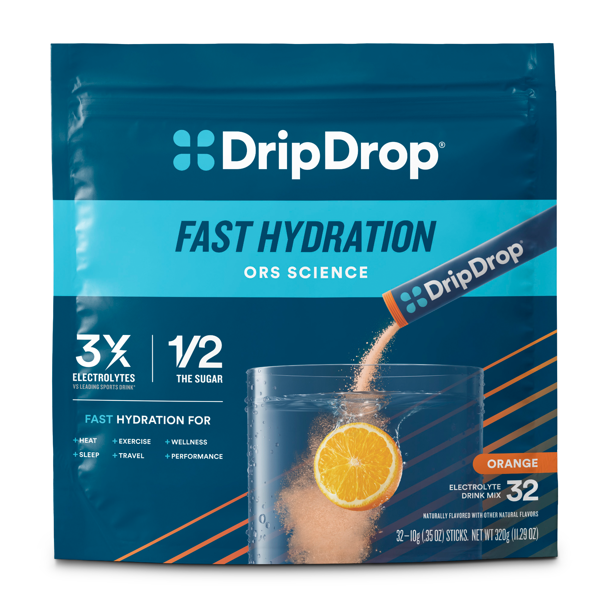 DripDrop Orange Electrolyte Powder, 8 oz sticks, 32 count