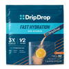 DripDrop Fast Hydration drink mix in an orange flavor pouch. The packaging is dark blue with bright blue and orange accents, featuring a graphic of an orange slice in a glass of water with powder dissolving.