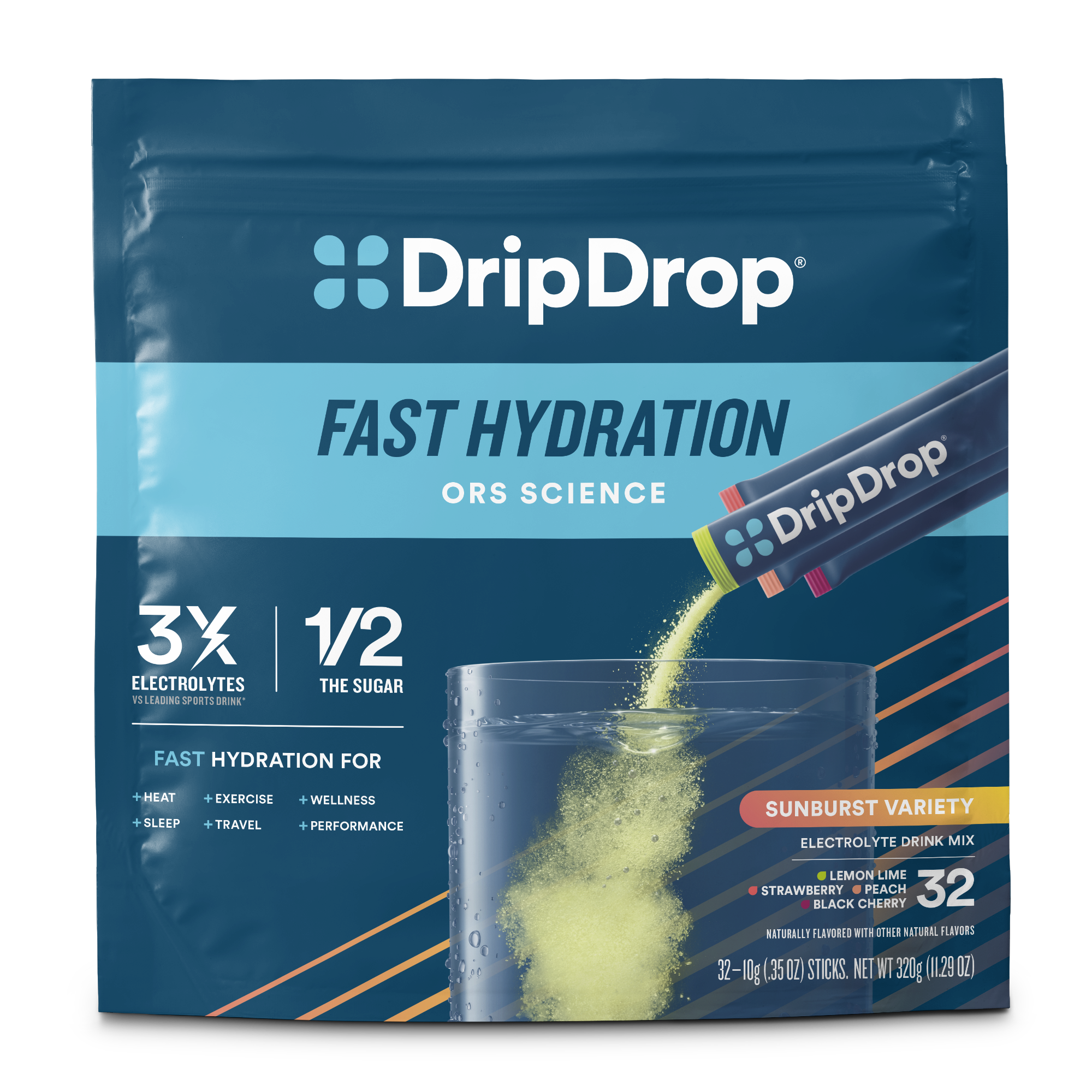 DripDrop Sunburst Variety Pack Electrolyte Powder, 8 oz sticks, 32 count