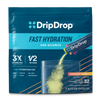 A package of DripDrop Fast Hydration electrolyte drink mix in the Sunburst Variety. The pouch is dark blue with a cyan band and features an illustration of yellow powder being poured into a clear cup, with text highlighting key benefits like '3X Electrolytes' and '1/2 the Sugar'.