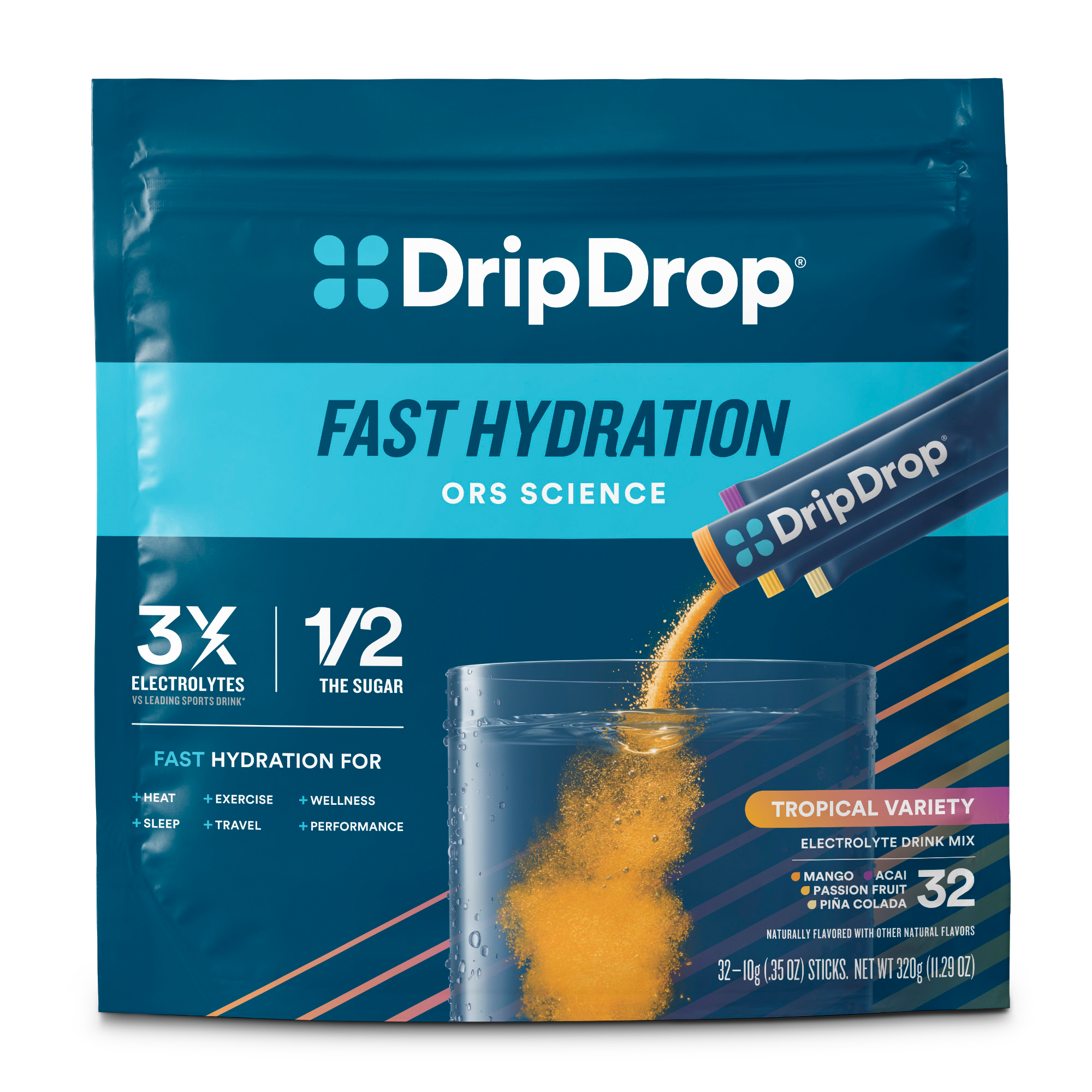 DripDrop Tropical Variety Pack Electrolyte Powder, 8 oz sticks, 32 count