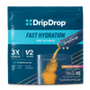 A package of DripDrop Fast Hydration electrolyte drink mix in Tropical Variety. The pouch is dark blue with a cyan band and shows an orange powder mix being poured into a clear glass of water.