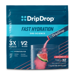 DripDrop Fast Hydration watermelon electrolyte drink mix in a pouch. The packaging is dark blue with bright cyan and white text, and a graphic shows a glass of pink drink with a watermelon slice being poured from the pouch.
