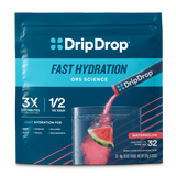 DripDrop Fast Hydration watermelon electrolyte drink mix in a pouch. The packaging is dark blue with bright cyan and white text, and a graphic shows a glass of pink drink with a watermelon slice being poured from the pouch.