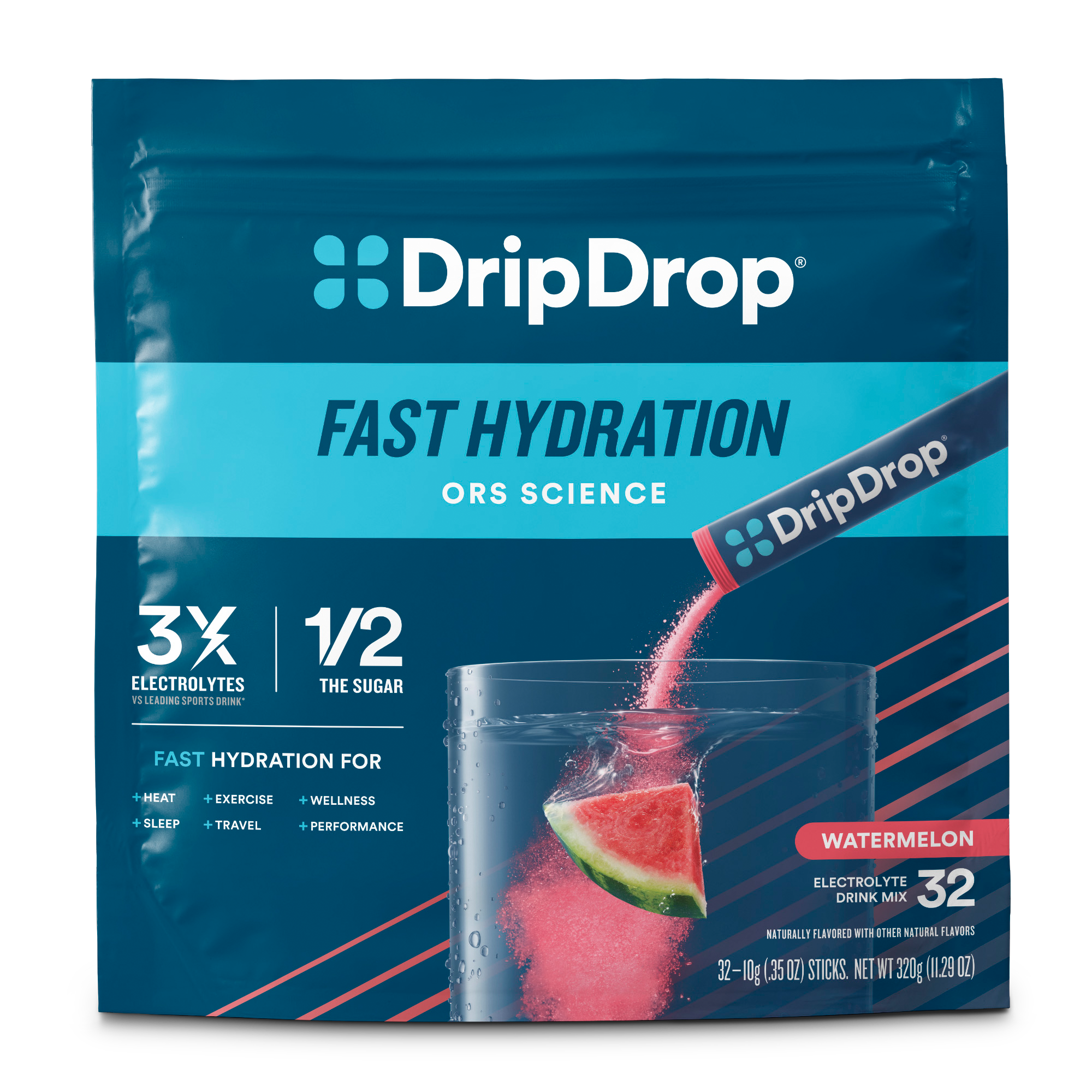 DripDrop Watermelon Electrolyte Powder, 8 oz sticks, 32 count
