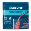 DripDrop Fast Hydration watermelon electrolyte drink mix in a pouch. The packaging is dark blue with bright cyan and white text, and a graphic shows a glass of pink drink with a watermelon slice being poured from the pouch.