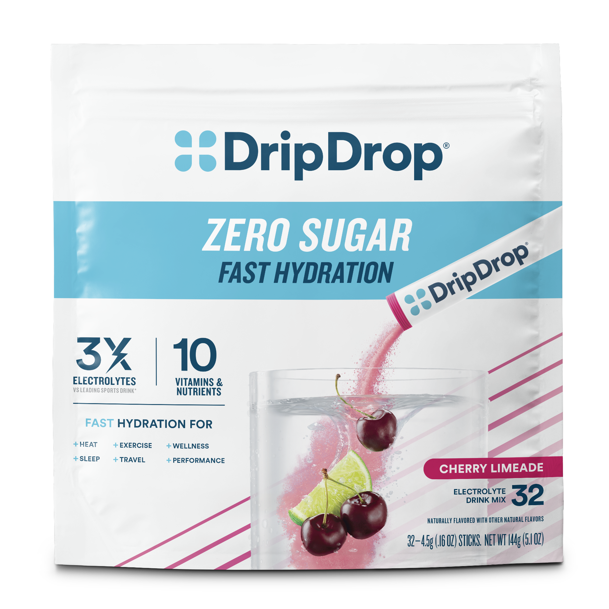 DripDrop Zero Sugar Cherry Limeade Electrolyte Powder, 8 oz sticks, 32 count