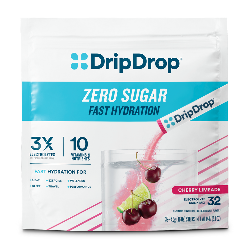 A package of DripDrop Zero Sugar Fast Hydration drink mix in Cherry Limeade flavor, featuring a white pouch with blue and pink branding and a graphic of a glass of water with cherries and lime.