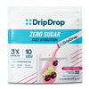 A package of DripDrop Zero Sugar Fast Hydration drink mix in Cherry Limeade flavor, featuring a white pouch with blue and pink branding and a graphic of a glass of water with cherries and lime.