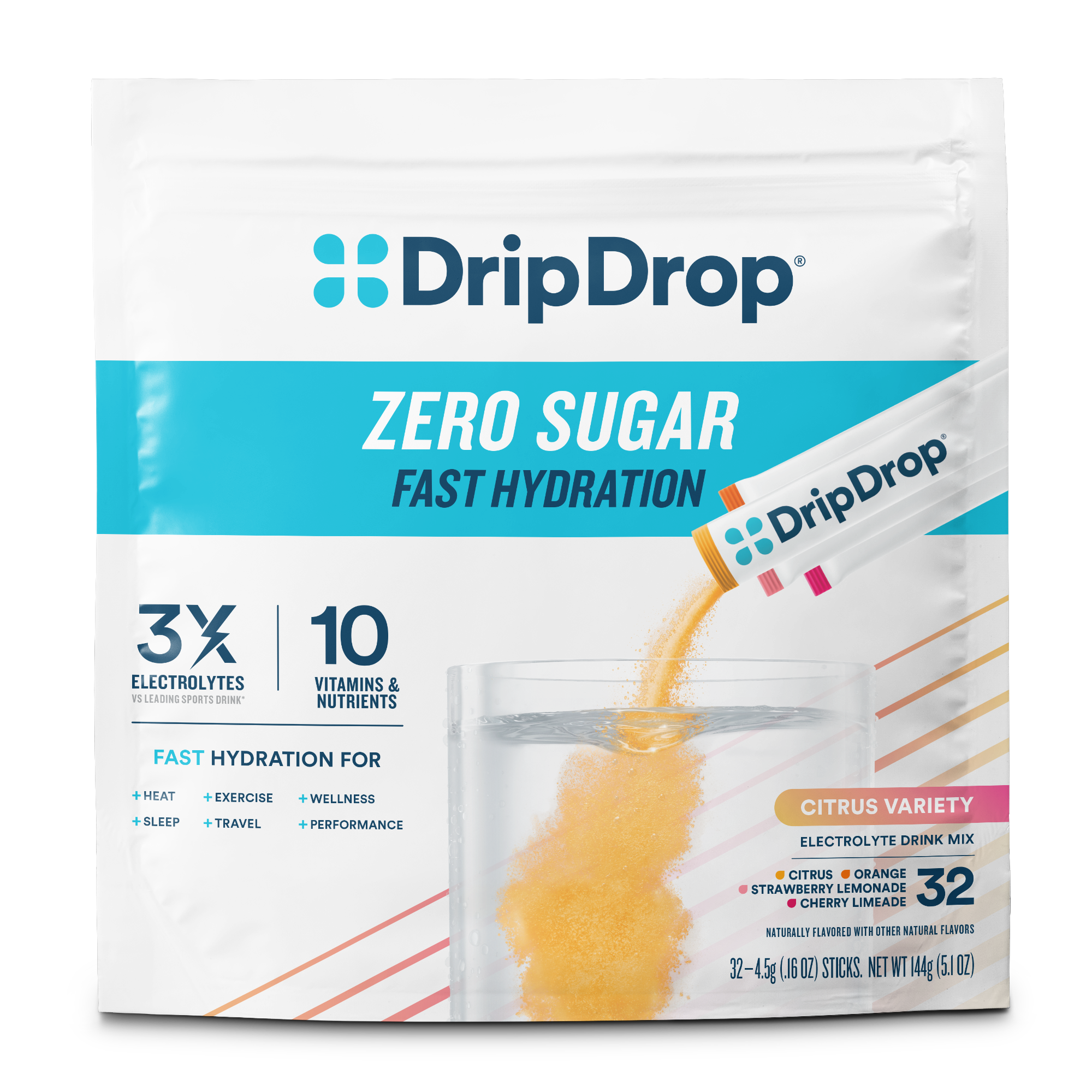 DripDrop Zero Sugar Citrus Variety Pack Electrolyte Powder, 8 oz sticks, 32 count