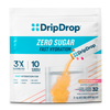 A package of DripDrop Zero Sugar Fast Hydration electrolyte drink mix in Citrus Variety. The white stand-up pouch features the DripDrop logo in blue, with a graphic of orange powder dissolving in water and a single sachet shown on the right.
