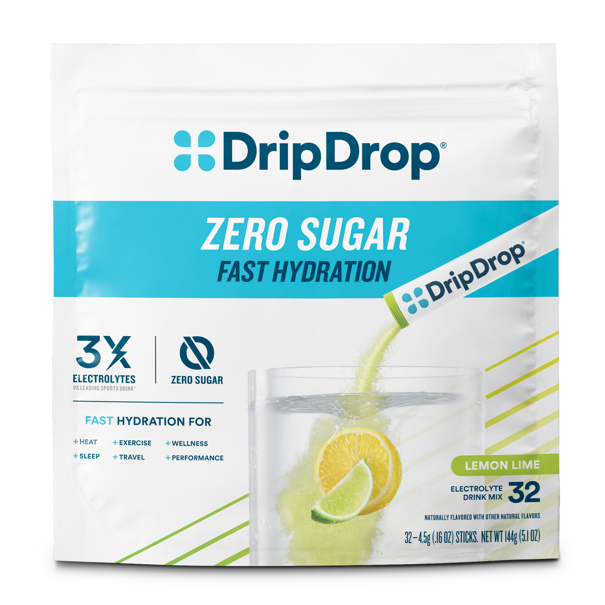 DripDrop Zero Sugar Lemon Lime Electrolyte Powder, 8 oz sticks, 32 count
