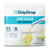 A package of DripDrop Zero Sugar Fast Hydration Lemon Lime electrolyte drink mix, featuring a white pouch with blue and lime-green accents and a graphic of a glass of water with lemon slices.