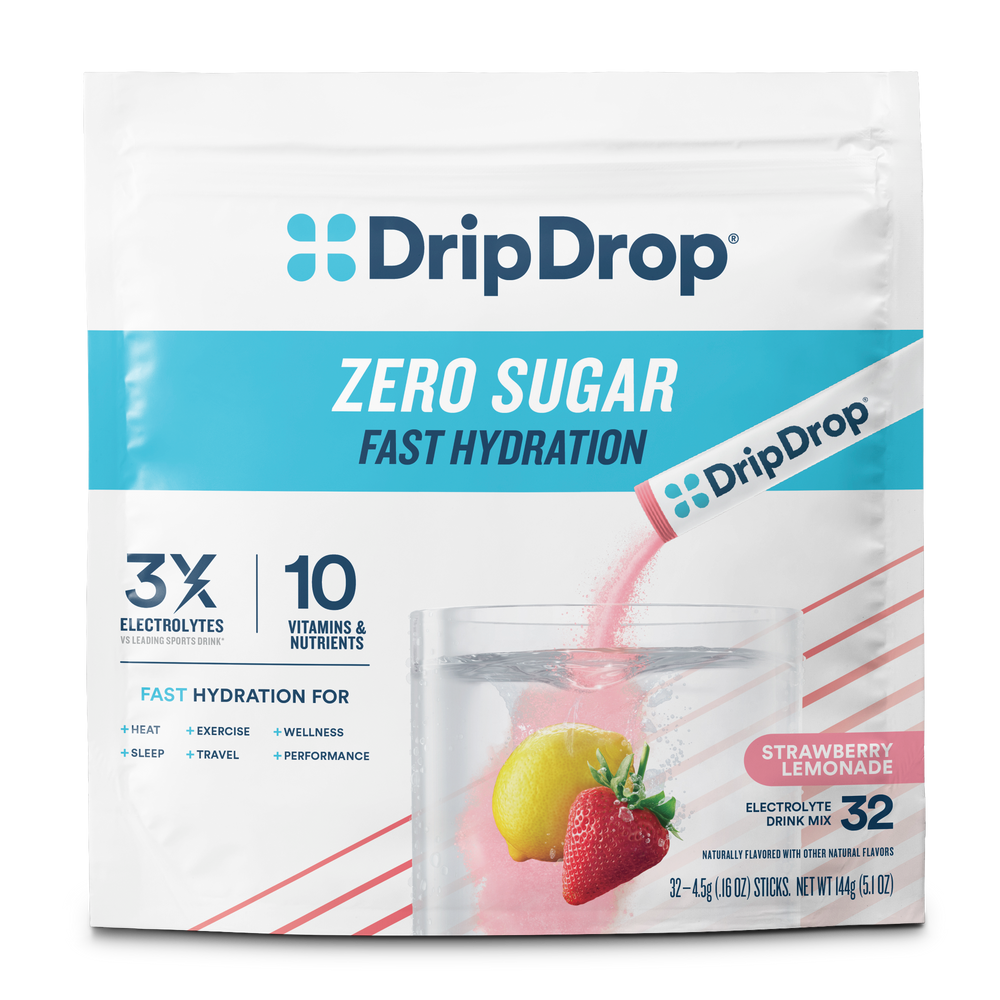 DripDrop Zero Sugar Fast Hydration Strawberry Lemonade electrolyte drink mix in a white stand-up pouch with blue and pink graphics, shown on a clean white background.
