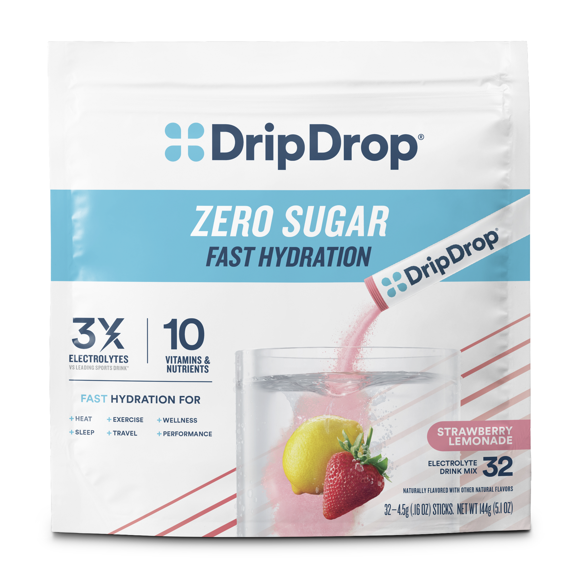 DripDrop Zero Sugar Strawberry Lemonade Electrolyte Powder, 8 oz sticks, 32 count