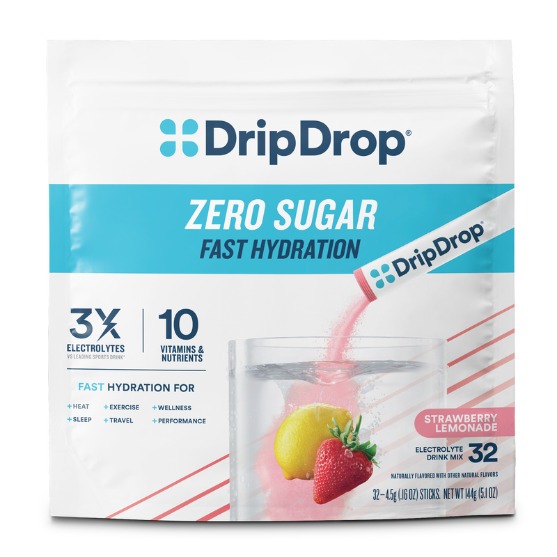 DripDrop Zero Sugar Fast Hydration Strawberry Lemonade electrolyte drink mix in a white stand-up pouch with blue and pink graphics, shown on a clean white background.