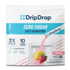 DripDrop Zero Sugar Fast Hydration Strawberry Lemonade electrolyte drink mix in a white stand-up pouch with blue and pink graphics, shown on a clean white background.