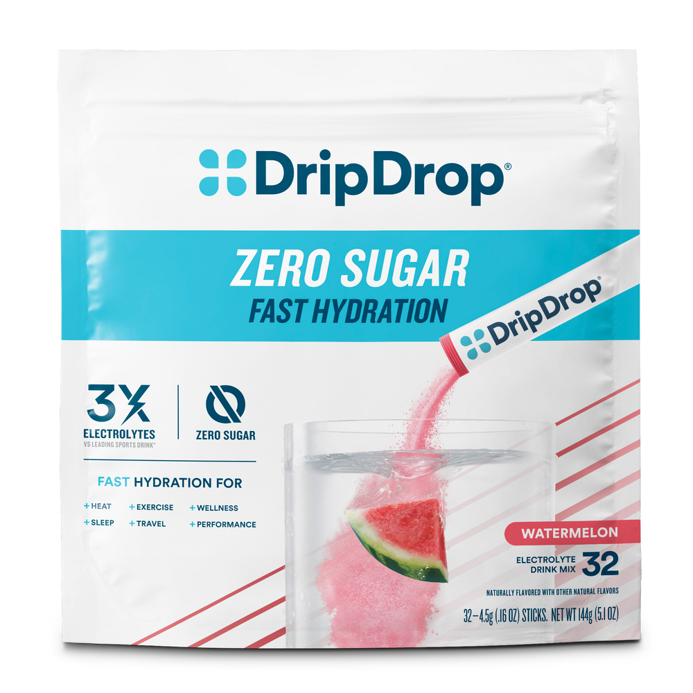 A package of DripDrop Zero Sugar Fast Hydration drink mix in Watermelon flavor, 32 sticks. The white pouch features a blue and teal logo, text highlighting 'Zero Sugar' and '3x Electrolytes', and an illustration of pink drink mixing with a watermelon slice in a glass.