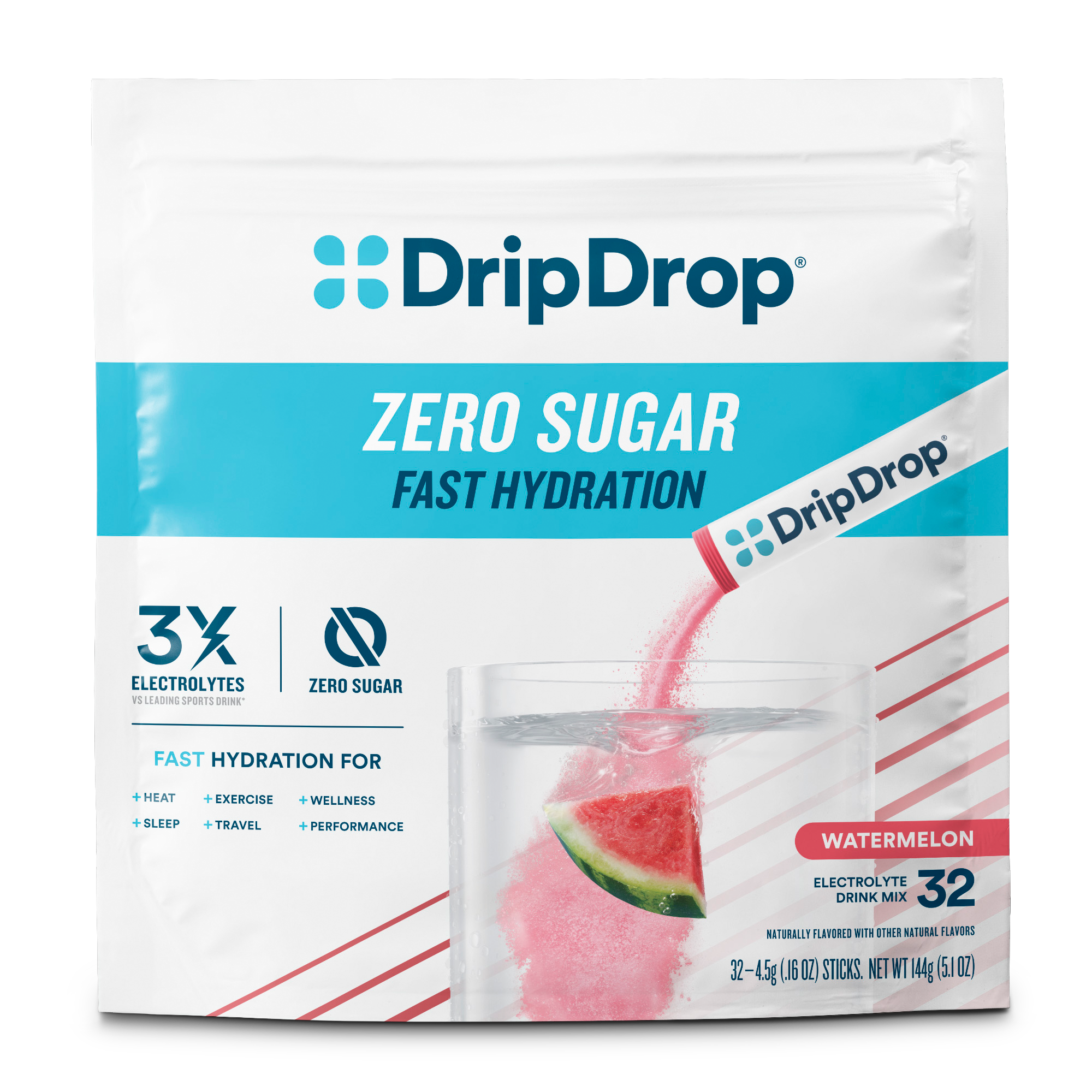 DripDrop Zero Sugar Watermelon Electrolyte Powder, 8 oz sticks, 32 count