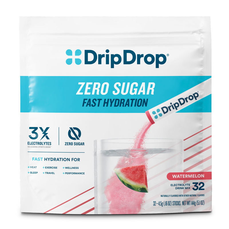 A package of DripDrop Zero Sugar Fast Hydration drink mix in Watermelon flavor, 32 sticks. The white pouch features a blue and teal logo, text highlighting 'Zero Sugar' and '3x Electrolytes', and an illustration of pink drink mixing with a watermelon slice in a glass.
