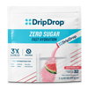 A package of DripDrop Zero Sugar Fast Hydration drink mix in Watermelon flavor, 32 sticks. The white pouch features a blue and teal logo, text highlighting 'Zero Sugar' and '3x Electrolytes', and an illustration of pink drink mixing with a watermelon slice in a glass.