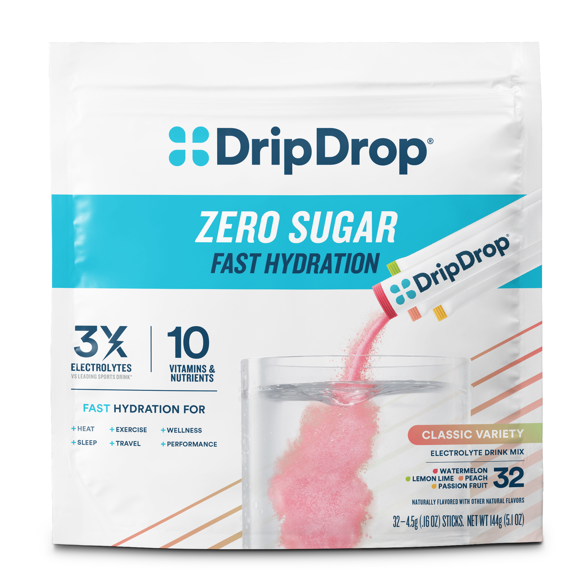 DripDrop Zero Sugar Classic Variety Pack Electrolyte Powder, 8 oz sticks, 32 count