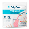 A package of DripDrop Zero Sugar Fast Hydration Classic Variety electrolyte drink mix. The white stand-up pouch features the blue DripDrop logo, text indicating 3x electrolytes and 10 vitamins, and a graphic of pink powder being poured into a glass of water.