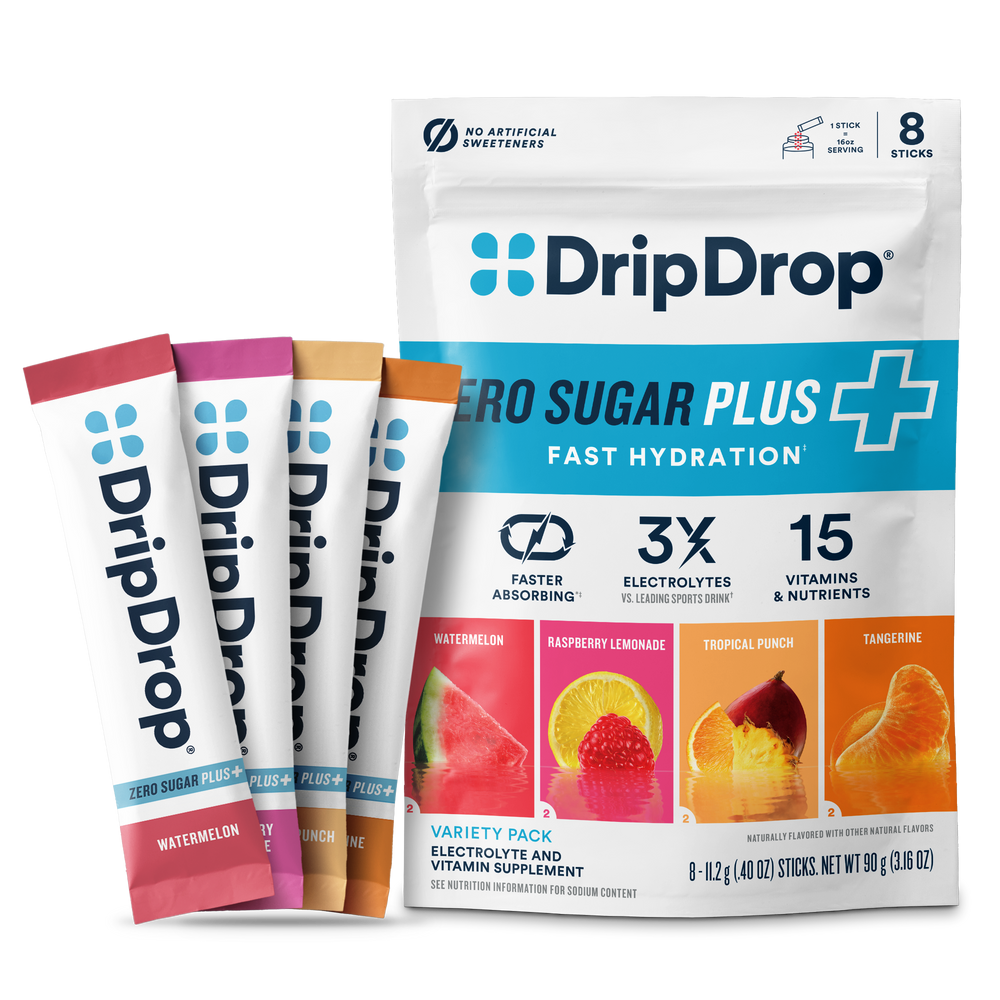 DripDrop Zero Sugar Plus fast hydration packets on a white background