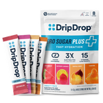 DripDrop Zero Sugar Plus fast hydration packets on a white background