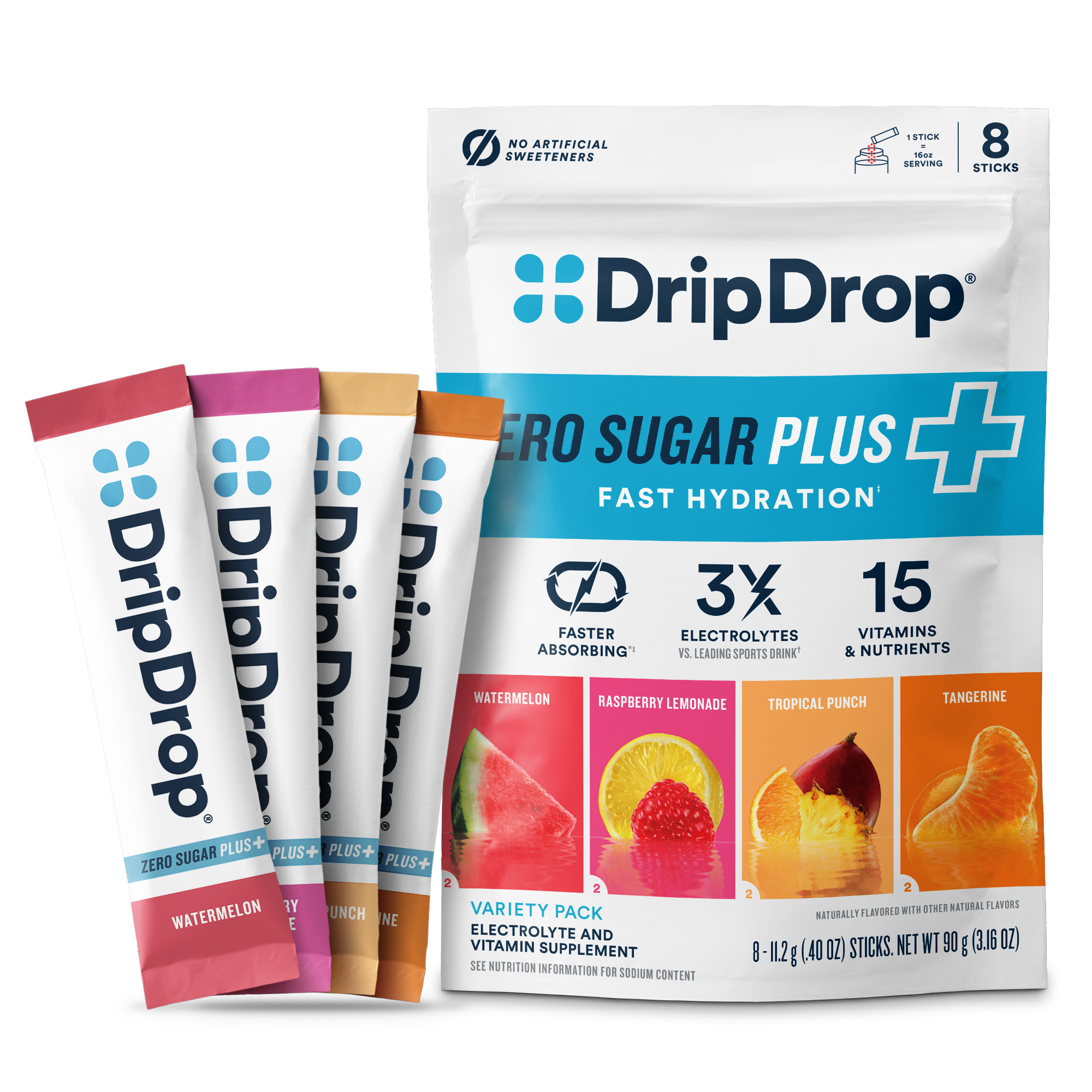 DripDrop Zero Sugar Plus, Watermelon, Tangerine, Tropical Punch, Raspberry Lemonade, 16 oz sticks, 8 count