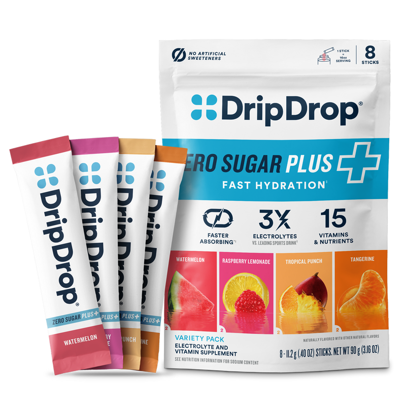 DripDrop Zero Sugar Plus fast hydration packets on a white background