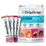 DripDrop Zero Sugar Plus fast hydration packets on a white background