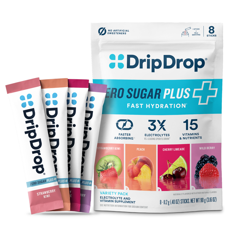 DripDrop Zero Sugar Plus fast hydration packets on a white background