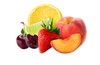 a group of fruit including a lemon, lime, cherry, strawberry and peach