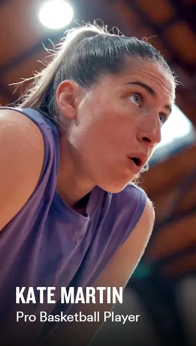 Kate Martin in a purple sports jersey with 'Kate Martin Pro Basketball Player' text