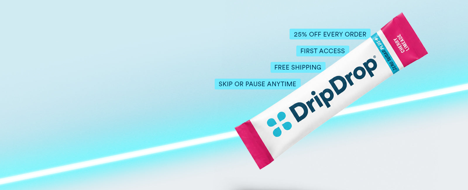 A DripDrop zero sugar plus tube shown diagonally on a light blue and white background with promotional text overlays.