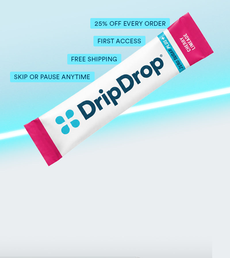A DripDrop liquid supplement stick pack shown diagonally on a light blue and white background with promotional text overlays.