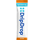 A vertical pack shot of a DripDrop tube on a plain white background. The packaging features a white base with a bright orange band at the top and blue text and droplet graphics.