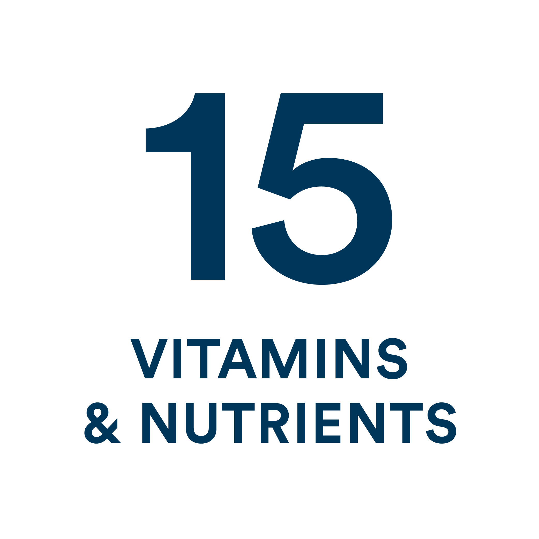 Text '15 Vitamins & Nutrients' in blue on a white background