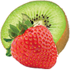 A close-up of fresh fruit showing a sliced kiwi behind a whole red strawberry