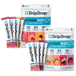 DripDrop zero sugar plus fast hydration packets on a white background